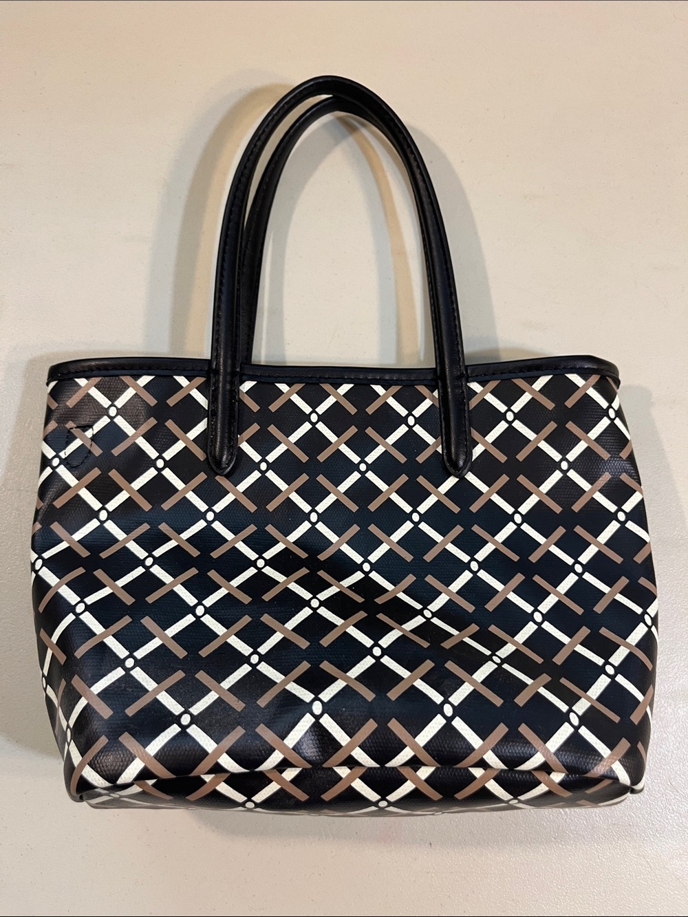 a new day Black Tote with Brown and White Lattice Design
